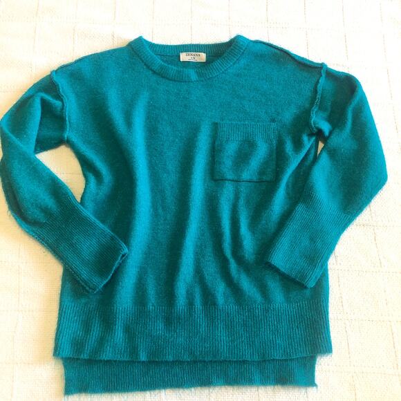 Zenana Teal Fuzzy Knit Sweater S/M Soft Cozy Pullover Pocket Crewneck - Picture 1 of 7